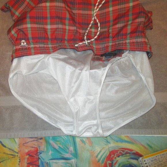 Lands End VOLLEY Swim Trunks Size L 36 38 UPF Lined POCKETS Drawstring PLAID 6" - Picture 8 of 11